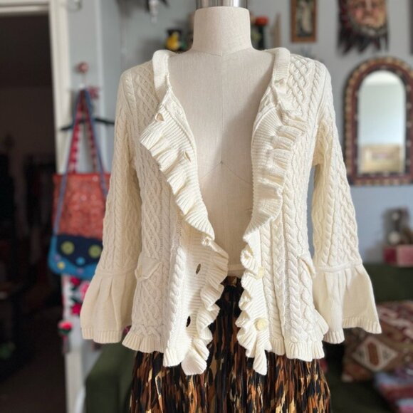 Cream Cable Knit Sweater with Ruffle Trim - Picture 5 of 7